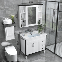 美式碳纤维浴室柜卫生间落地式洗漱台洗手洗脸洗面盆卫浴镜柜组合|90cm黑白配落地柜