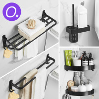 免打孔黑色毛巾架套装浴室置物架浴巾架卫生间壁挂收纳挂件厕所|三代套装O