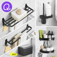 免打孔黑色毛巾架套装浴室置物架浴巾架卫生间壁挂收纳挂件厕所|三代套装Q