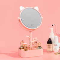 化妆镜台式led带灯补光桌面便携宿舍网红美妆梳妆镜女小镜子fo型|猫耳朵化妆镜-粉色