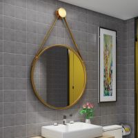 北欧轻奢浴室镜洗漱台壁挂圆形化妆镜免打孔卫浴镜美容理发店镜子|挂镜加带[金色] 直径40cm[防爆]