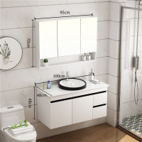 北欧浴室柜组合轻奢台上盆实木洗脸盆柜大理石洗手盆卫浴柜梳洗台|100cm吊柜烧黑边圆盆送配件