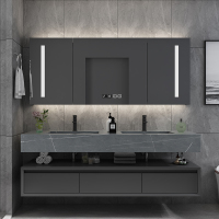 轻奢浴室柜岩板一体盆洗手台洗脸盆柜组合实木智能镜卫生间洗漱台|140cm(实木柜体+智能镜柜)