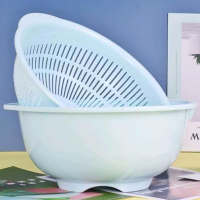 双层家用塑料沥水篮洗菜篮洗水果沥水篮厨房淘菜洗菜盆密孔多用篮|蓝色 买中送小(送抹布送挂钩随机送)