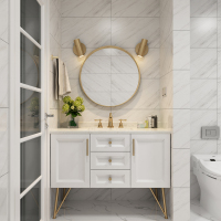 现代简约北欧智能浴室柜组合轻奢小户型卫生间落地洗漱台洗手脸盆|60cm对开门圆镜+人造雅士白
