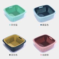 多功能双层沥水篮厨房蔬菜水果沥水塑料蓝带盖洗菜盆冰箱保鲜盒|深灰色(3个)