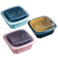厨房果蔬沥水篮双层家用带盖洗水果篮洗菜篮水果盘冰箱保鲜盒家用|鸡蛋黄+仙女粉+天蓝色