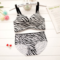 日系新款斑马豹纹厚薄款少女一片式深v无痕隐形钢圈内衣文胸套装