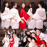 新娘伴娘团女丝绸晨袍婚礼化妆闺蜜派对睡衣趴红色睡裙结婚夏睡袍