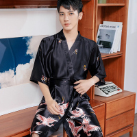 睡袍男夏薄款冰丝男浴袍一体式春秋长款大码加肥宽松丝绸男士睡衣