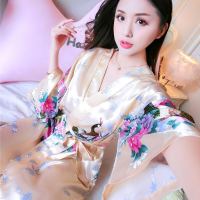 睡衣女夏中袖丝绸睡袍韩版性感连体系带和服家居服单件杨柳美女袍