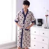 男士睡袍纯棉夏季短袖中长款薄款浴袍加大码中年全棉质半袖睡衣