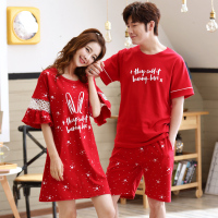 2套价 情侣睡衣夏季纯棉女新娘睡裙结婚本命年红色男士家居服套装
