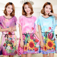 夏季女士棉绸短袖睡裙纯棉睡衣加大码人造棉家居服花朵女可爱睡裙