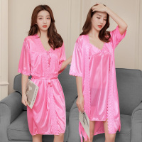 睡衣女夏季冰丝性感薄款蕾丝镂空火辣吊带睡裙两件套短袖晨袍睡袍