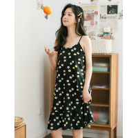 2020年新款夏季吊带睡裙女薄款纯棉可爱家居服睡衣女私房套装黑色