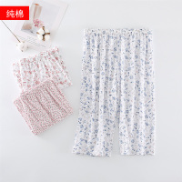 纯棉七分裤睡裤女中老年家居裤老人休闲裤高腰宽松大码空调裤女夏