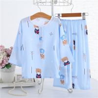 夏季儿童睡衣绵绸七分袖男童女童宝宝小孩棉绸空调家居服薄款套装