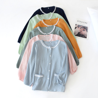 春秋睡衣女上衣单件纯棉宽松双层纱布全棉薄长袖空调小开衫家居服