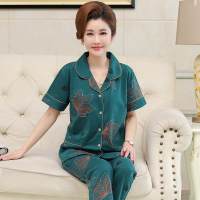 夏季睡衣女短袖长裤薄款开衫中老年人妈妈宽松夏天纯棉家居服套装