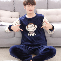 秋冬季珊瑚绒睡衣男士冬款长袖加厚套头法兰绒套装青少年家居服装