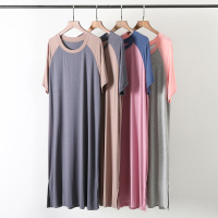 莫代尔睡裙女薄款夏季宽松大码插肩拼色短袖连衣裙长款家居服睡衣