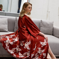 睡袍女薄款缎面仙鹤睡衣浴袍2020派对生日结婚晨袍伴娘袍可定制