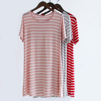 可外穿睡裙女夏季薄款莫代尔条纹短袖睡衣大码胖mm裙子中长款宽松