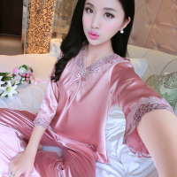 春秋季丝绸睡衣套装冰丝质长袖女装薄款性感七分袖加大码家居服