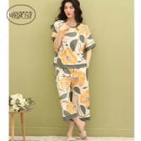 睡衣女夏季纯棉薄款短袖七分裤女装可外穿休闲大码家居服两件套装
