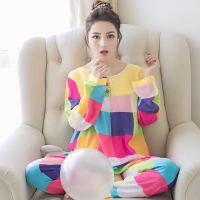 春夏季人造棉布薄款长袖睡衣女大码纯棉绸家居服可爱卡通套装绵绸