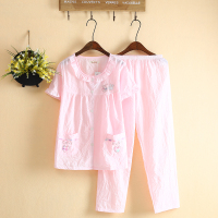 小清新薄款水洗布睡衣女夏季短袖长裤可爱人造棉布睡衣家居服套装