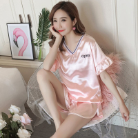 睡衣女夏冰丝薄款v领喇叭短袖可外穿性感丝绸韩版两件套装家居服