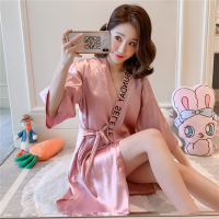 睡袍女春秋夏季睡裙女日式和服性感睡衣冰丝短袖系带女士丝绸浴袍