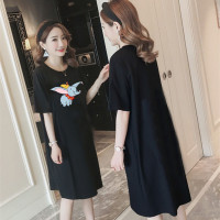 夏季短袖宽松中长款睡裙女可外穿纯棉黑休闲家居睡衣大码孕妇服装