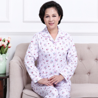 中老年睡衣女棉长袖薄款妈妈家居服套装春秋季蓝色全棉质老人