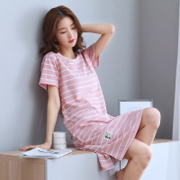 睡裙女夏季韩版短袖全棉可爱条纹睡衣夏天纯棉宽松连衣裙家居服夏
