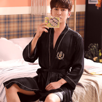 春秋款睡衣男士夏冰丝绸长袖韩版v领带短裤浴袍晨袍家居服可外穿
