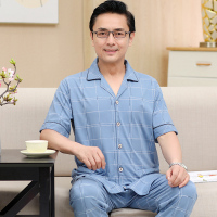 男士睡衣中年爸爸短袖长裤夏季薄款开衫老年人男式爷爷家居服套装