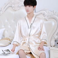 睡衣男夏季短袖薄款丝绸丝质长款睡袍韩版简约系带春秋大码家居服
