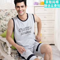 中老年男人运动套装夏天纯棉睡衣短袖背心短裤全棉中年爸爸家居服