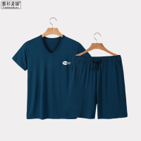 男士睡衣夏季男薄款外穿莫代尔棉家居服套装v领男款短袖宽松夏居