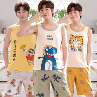 夏天无袖卡通背心睡衣青少年初中学生高中生胖大童男孩子薄款套装