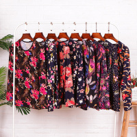 中老年女弹力花秋衣圆领印花单件上衣女老太太加肥加大码线衣女士