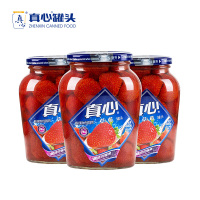 真心罐头正品糖水草莓水果罐头玻璃瓶装880g*3罐