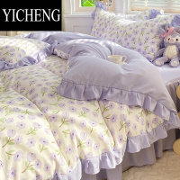 YICHENG韩版水洗棉麻四件套床裙款双层纱被套床单床上用品双人床品三件套