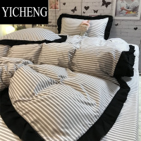 YICHENG法式优雅锦棉四件套气质细灰条被套床单学生三件套氛围感床品1.5m
