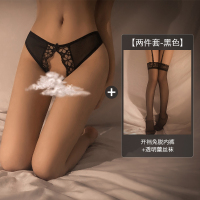 吉祥小炮性感情趣内裤超激情诱惑开裆免脱可放跳蛋火辣透明内衣女套装 两件套 开裆免脱内裤+透明蕾丝袜-黑色 M
