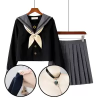 吉祥小炮情趣内衣SM调教jk制服超学生服诱惑性感水手服套装清纯小胸 长袖短裙领结+黑袜+黑桃心项圈链条 2XL