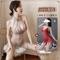 吉祥小炮性感透视旗袍情趣内衣激情套装透明jk制服SM诱感趣大码露乳开裆式 灰色[旗袍上衣+T裤]+波西米亚镂空睡裙